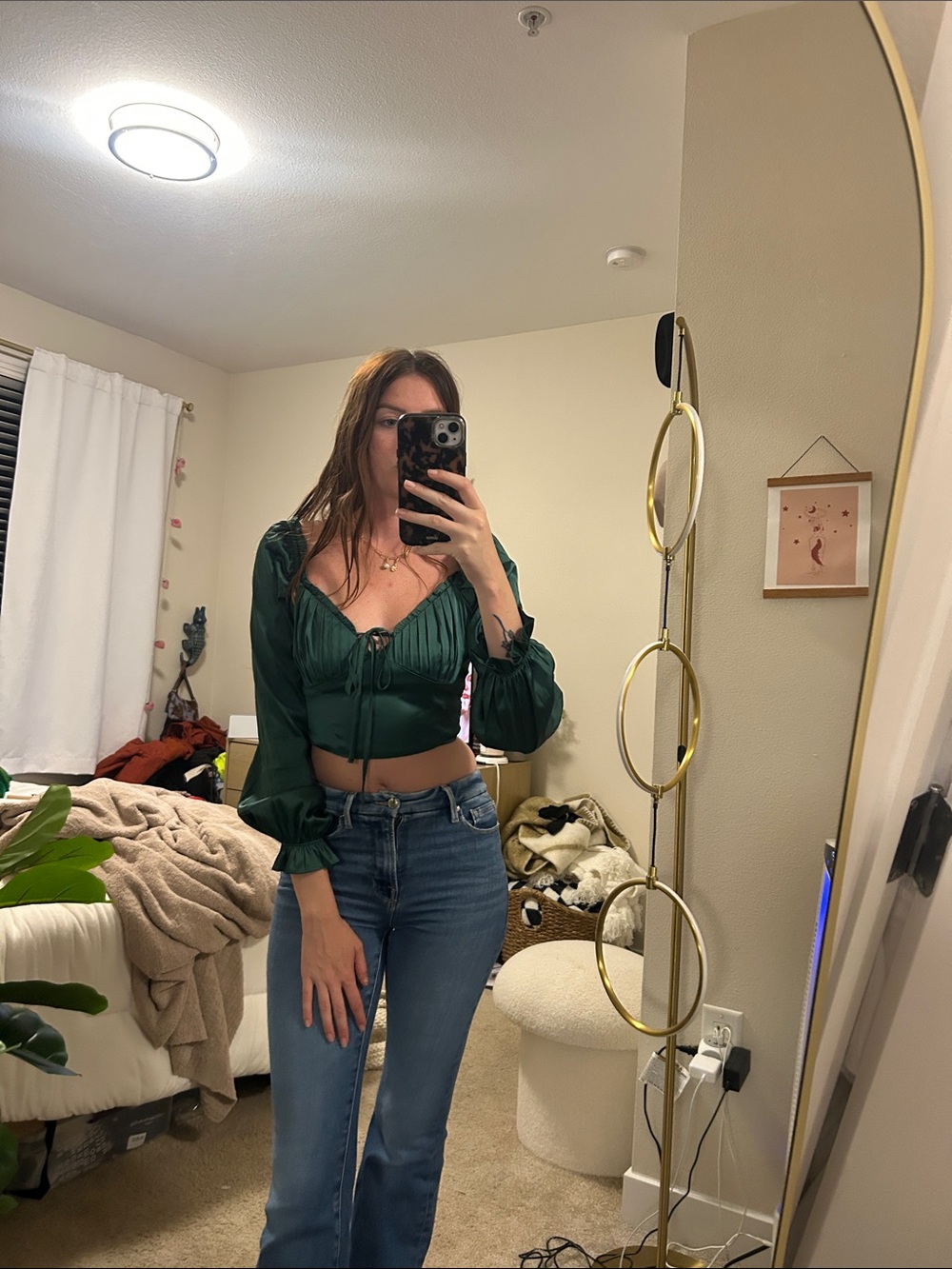 Forever 21 Emerald Green Satin Tie-Front Puff Sleeve Crop Top